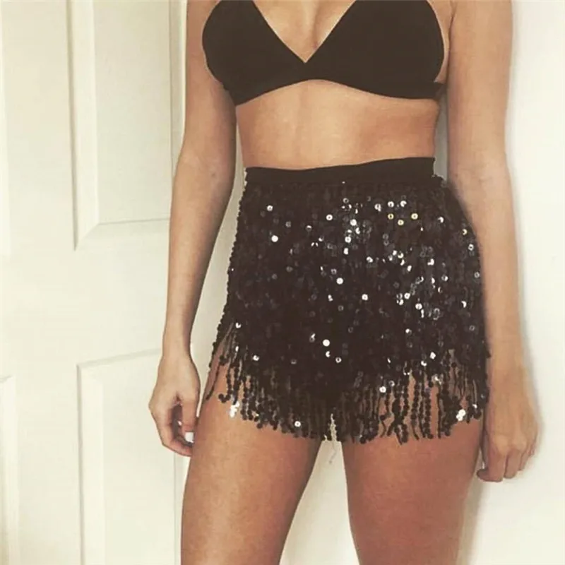 Women Sequin Tassel Mini Skirt Glitter Belly Dance Skirt Hip Scarf Belt Wrap Skirt Party Carnival Fringe Half Dress