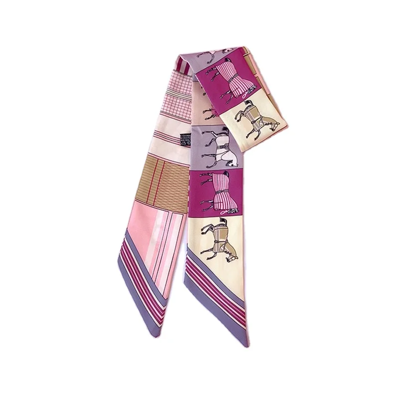 Luxury Silk Skinny Scarf Fashion Bag Handle Ribbon Ladies Horse Print Headband Small Hair Scarves Band Female