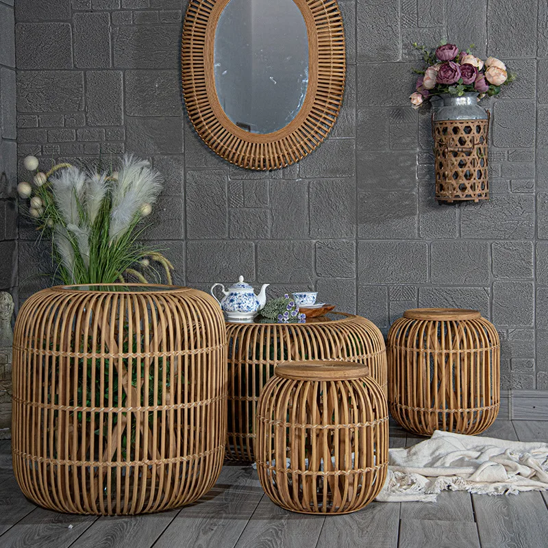 Round rattan art light luxury tea table rattan tea table bamboo woven design can receive small low table rattan stool