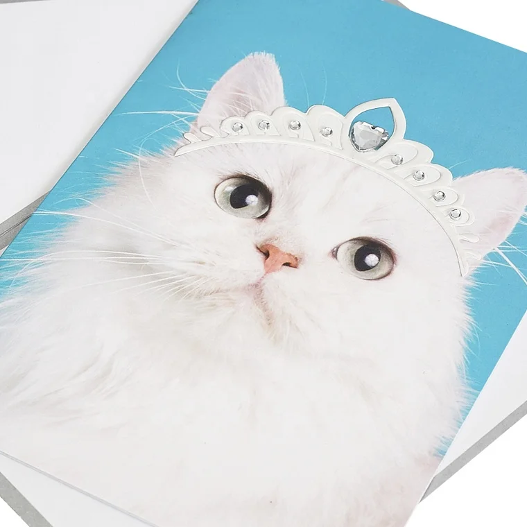 Elegant White Queen Cat Birthday Cards with Lovely Crown, Animal Handmade Custom Printing Greeting Cards