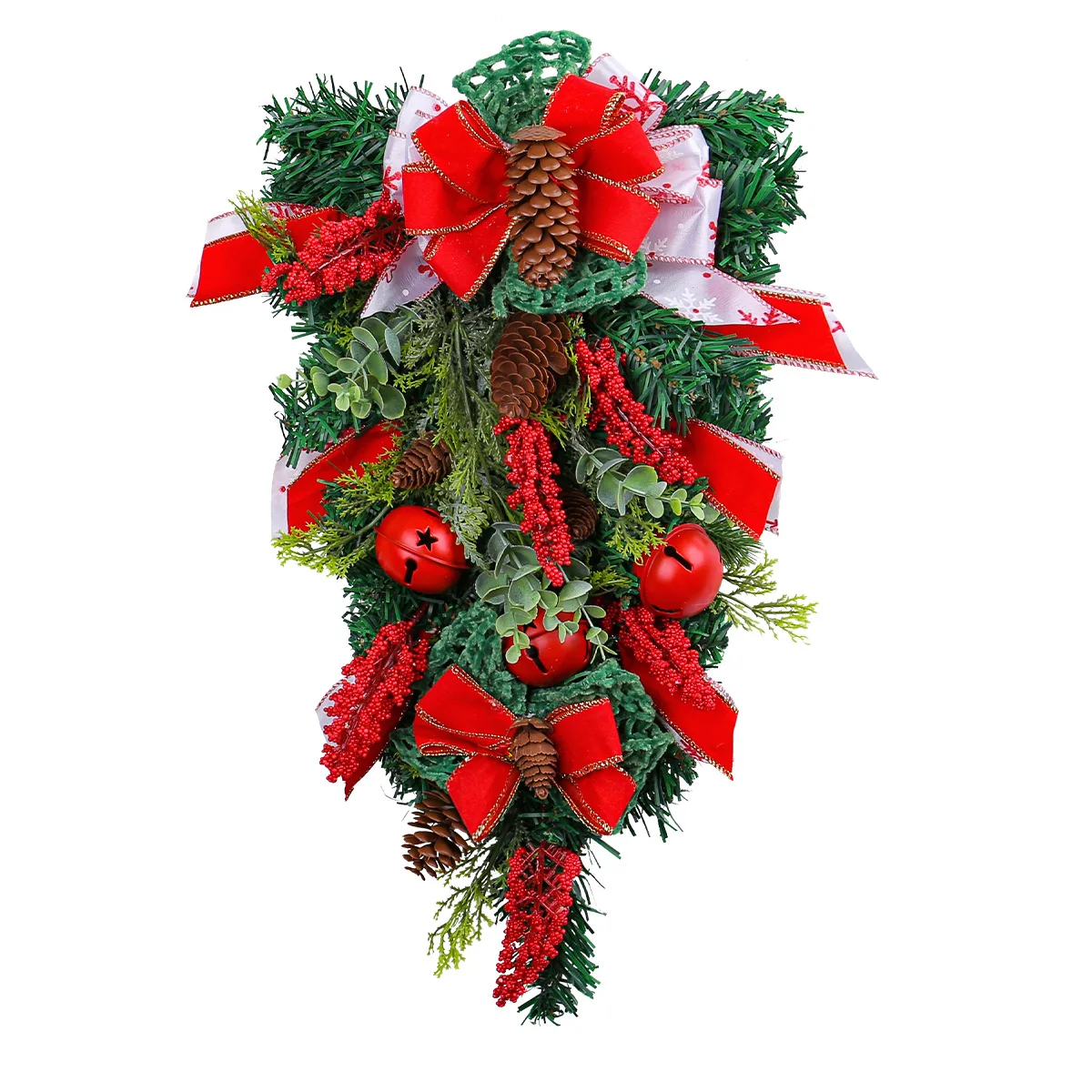 New Christmas Ribbon Bell Inverted Tree Wreath Door Hanging Christmas Bow Pine Rattan Decorative Wall Hanging
