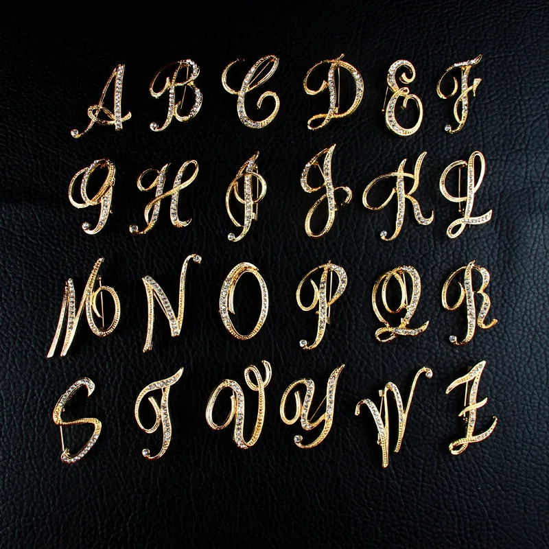 A-Z 26 Letters Pins Brooches Silver Plated Metal Broaches Pins-Clear Crystal Initial Breast pin