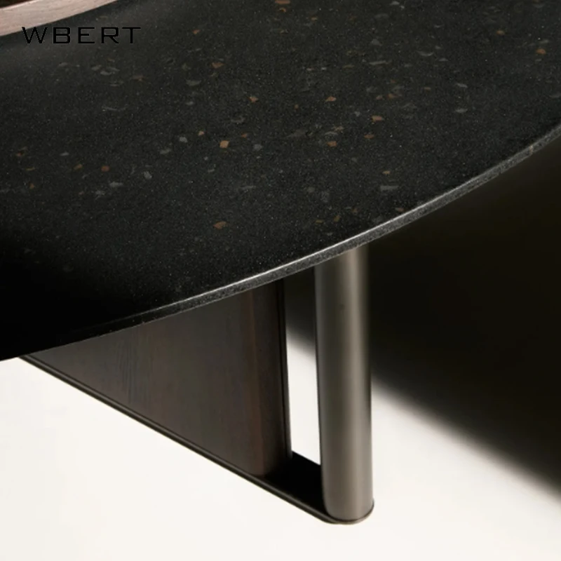 WBERT Modern  Living Room with Rotary Table, Solid Wood Marble Round Table Hotel Restaurant Furniture Minimalist Dining Table