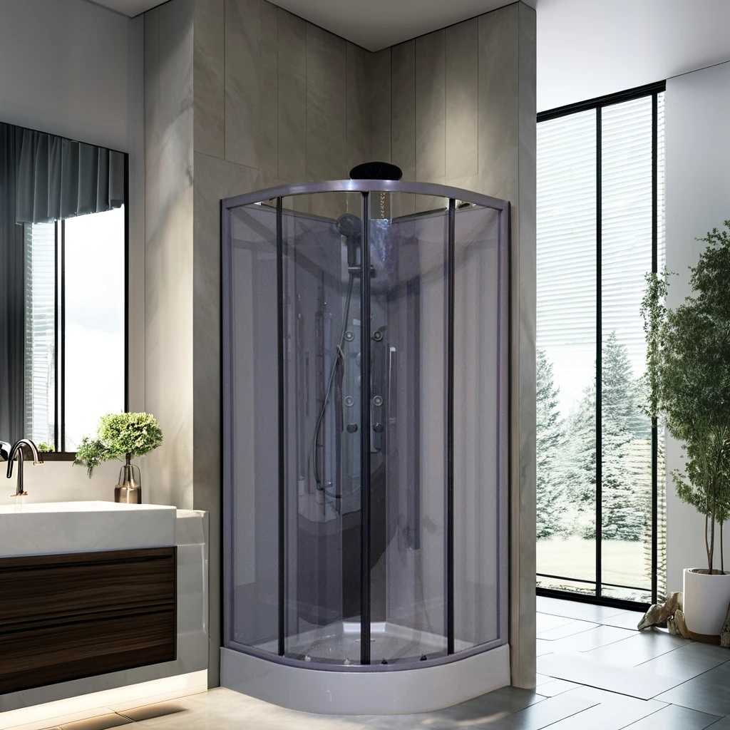 Sliding Open Style ABS Sector 5mm Tempered Glass Hand Shower Faucet Grey Glass Back Panel Black Aluminum Profile Shower Room