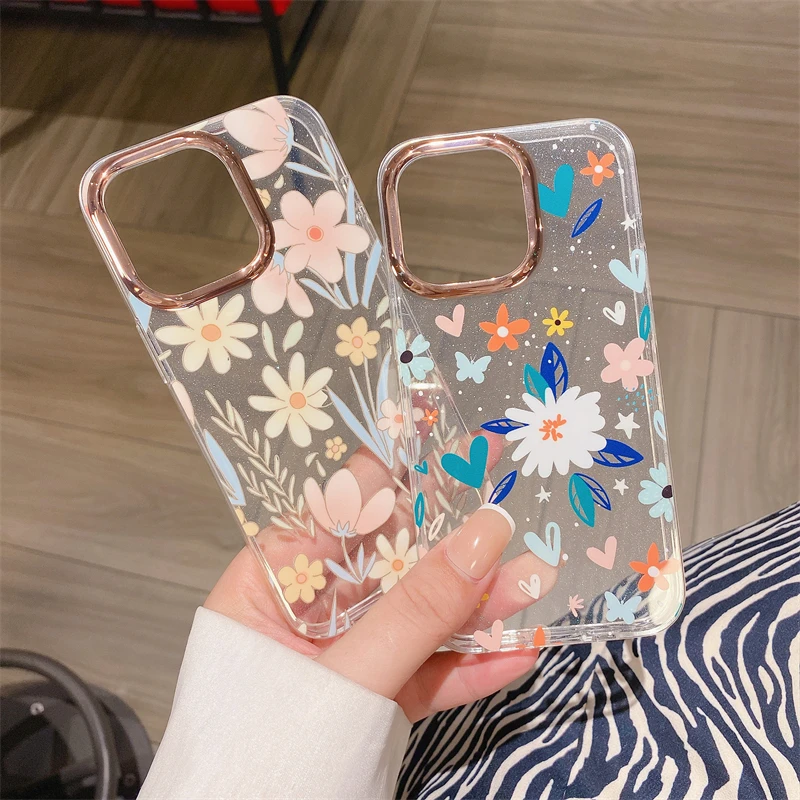 Hot sale plating transparent hard shell jaguar flower Mobile Phone Case for iPhone 7 8p 11 12 13 14 pro max cover