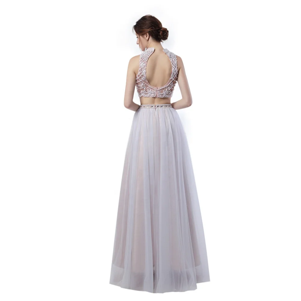 2 in 1 Two Pieces Halter Beaded Prom Evening Dresses Light Pink Tulle See Through Open Back Sexy Prom Evening Formal Gown