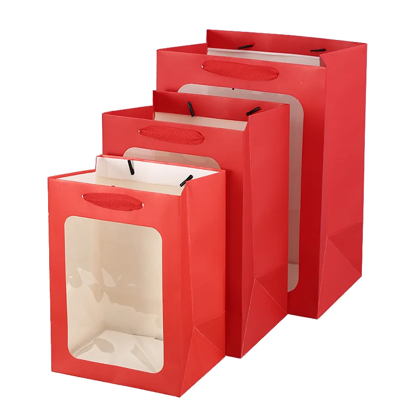 Custom logo wedding  flower Packaging cardboard gift shopping Bag Reusable kraft paper bags with PVC transparent window