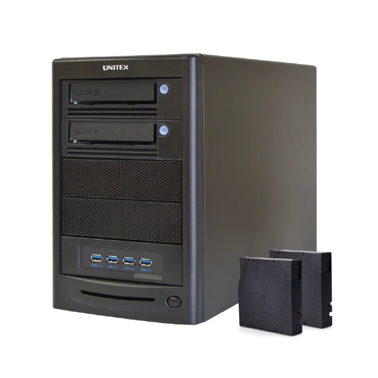 Highly convenient tape system networking secure data storage device backup