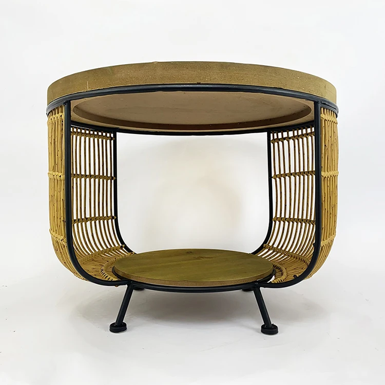 Industrial metal rattan unique design storage coffee table and wooden table top