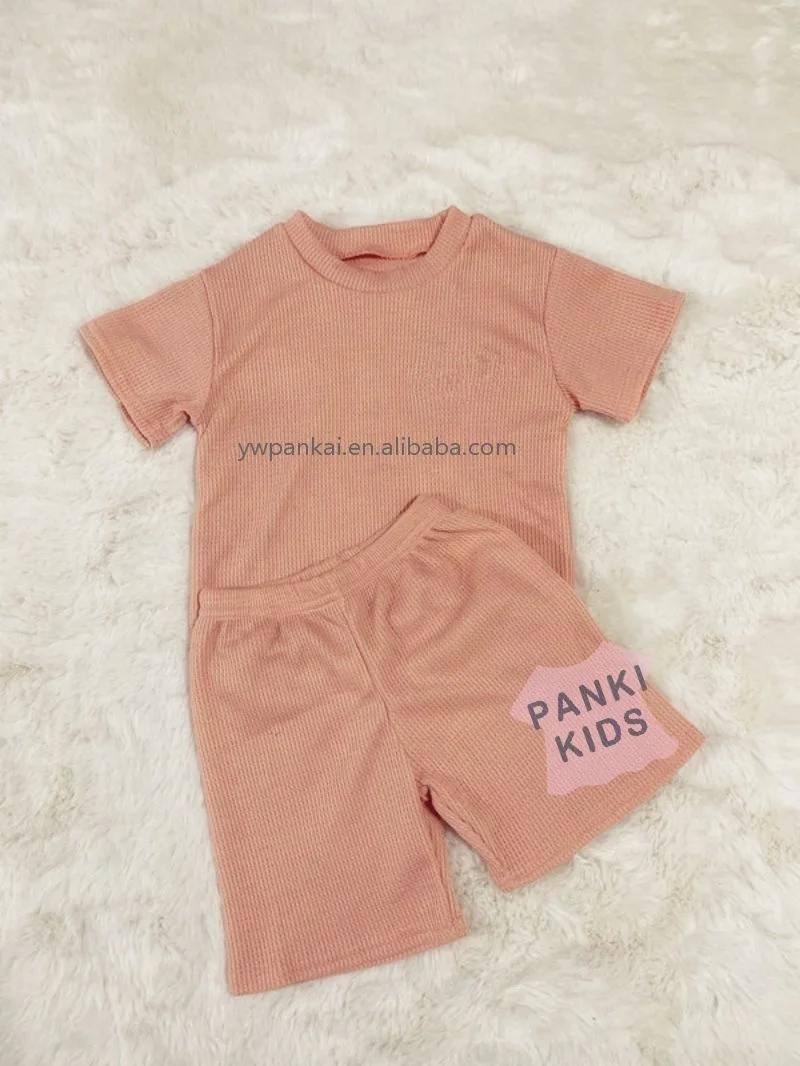 Custom Logo Toddler boys clothing sets summer Waffle fabric Short Sleeve Tops Matching Shorts Outfits For Kid Clothes