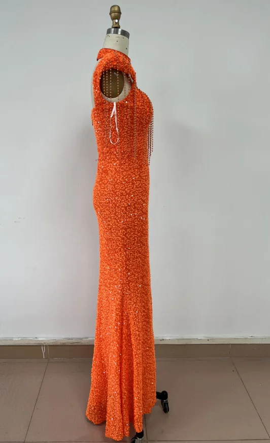 ED2570 Orange High Slit Sexy Maxi Dresses Luxury Dresses Women Elegant Ball Gown Sequin Pearl Evening Dress