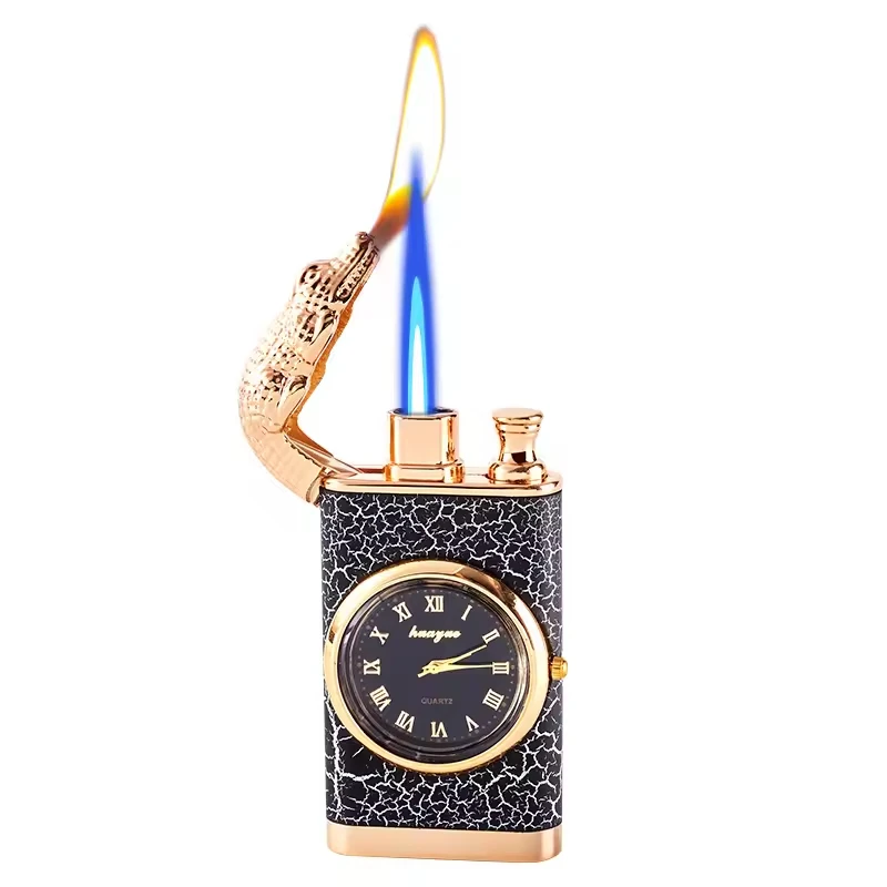 2025 Custom Lighter Double Flame Crocodile Cigarette Lighter with Clock Watch Disc Windproof Refilled Gas Torch Lighter
