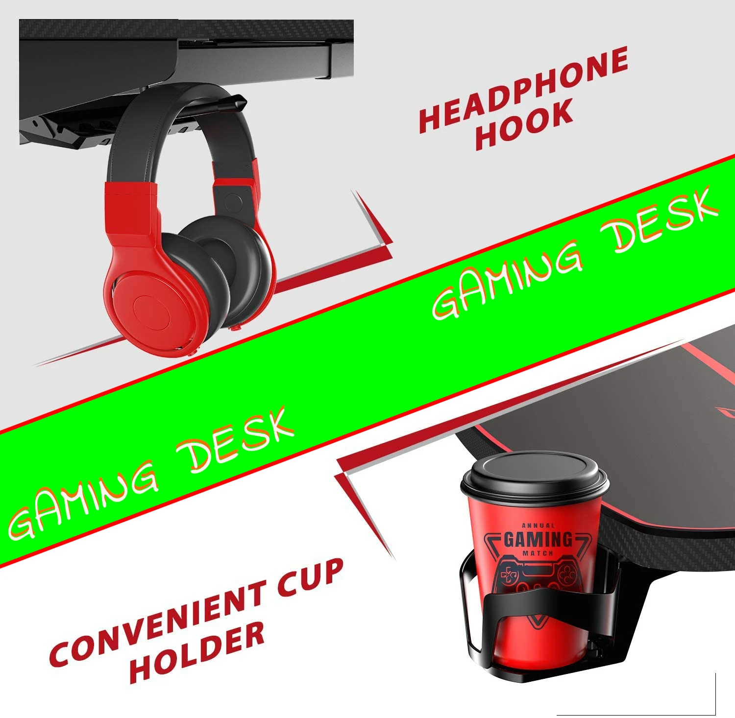 
T Shaped Game Station with Free Mouse Pad Gaming Handle Rack Cup Holder and Headphone Hook of Computer Gaming Desk 
