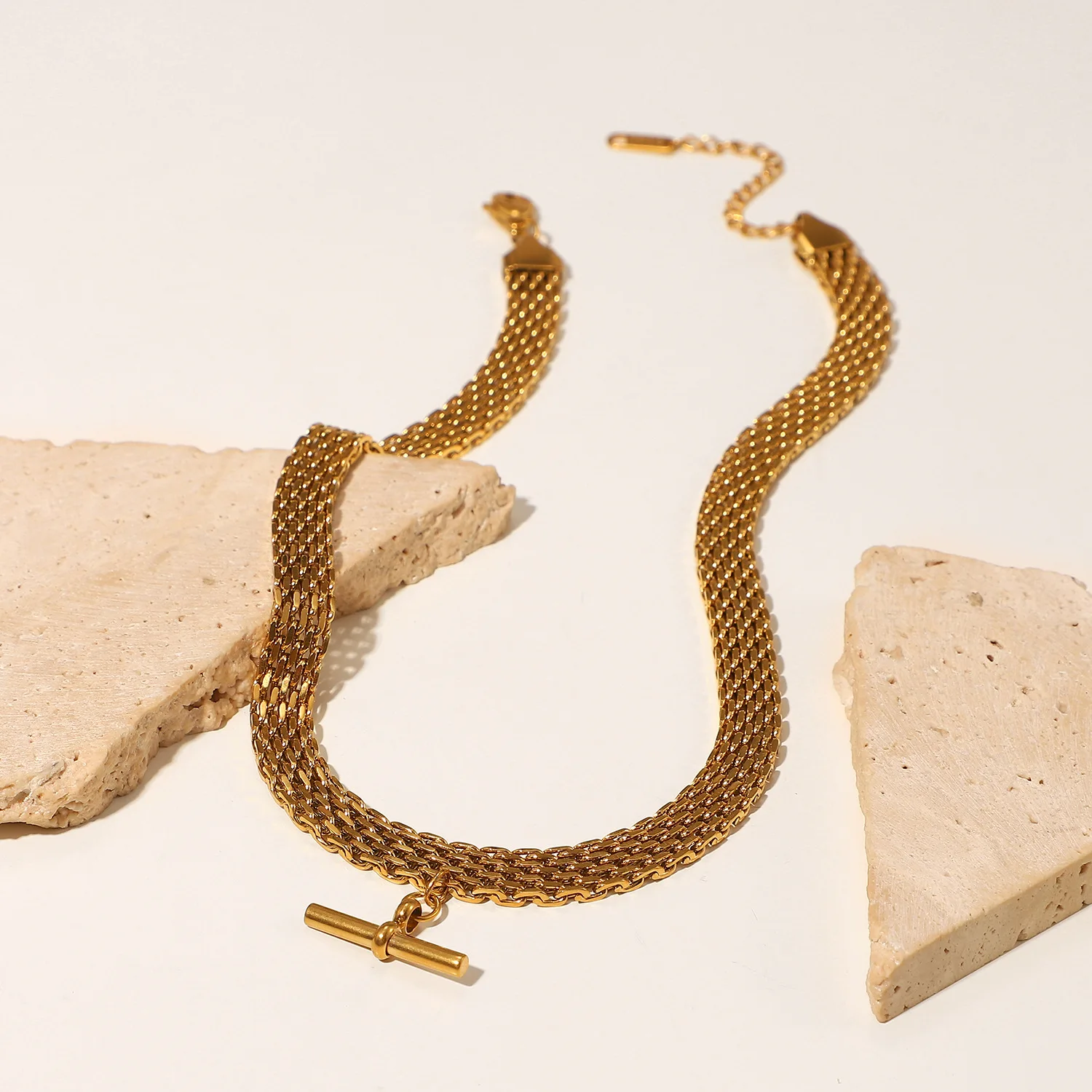 Punk Hip Hop T-Bar Pendant Watch Bands Choker Necklace 18K Gold Stainless Steel Necklace