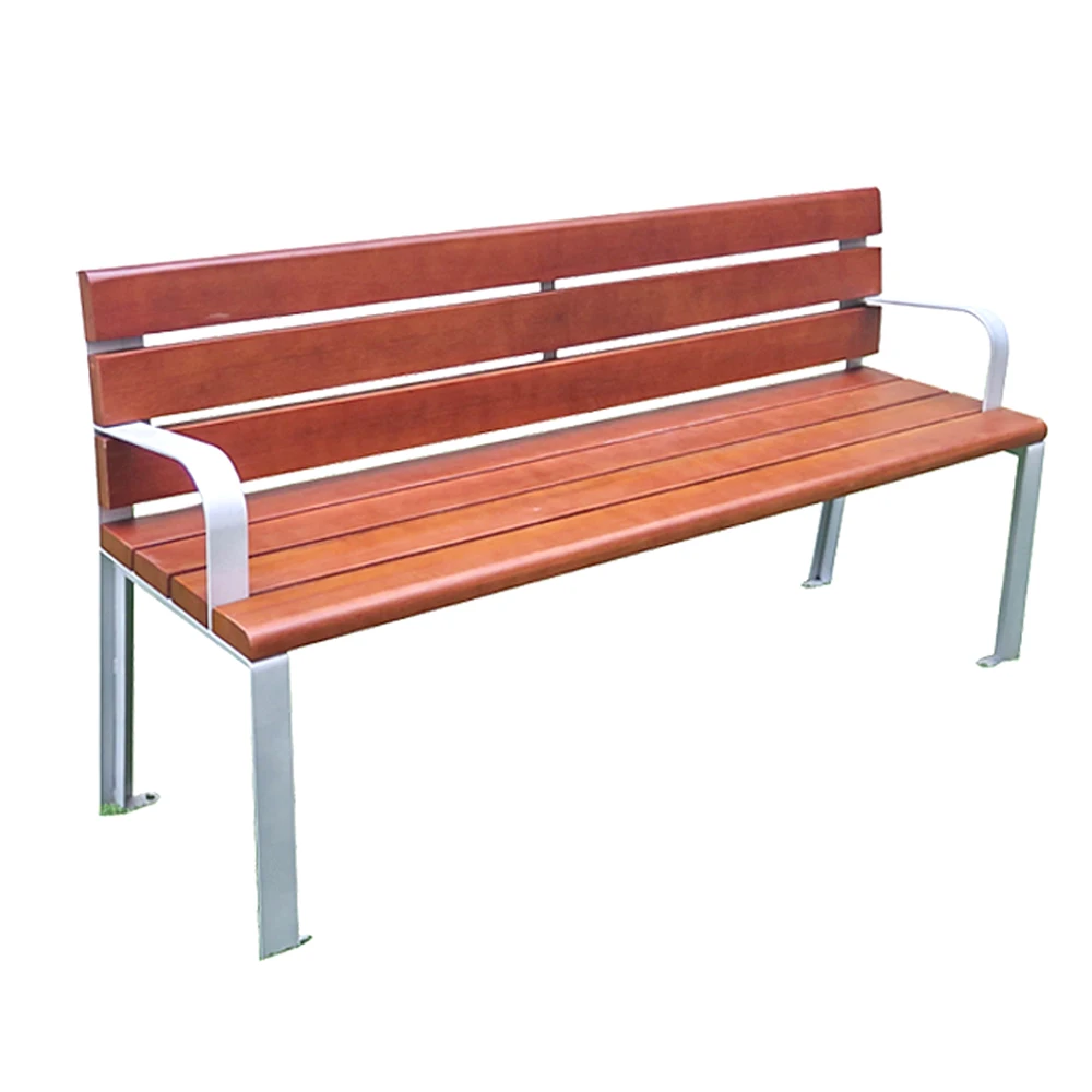 Outdoor furniture stainless steel wood slat bench public park long solid wood  bench seat out door garden bench chair with back