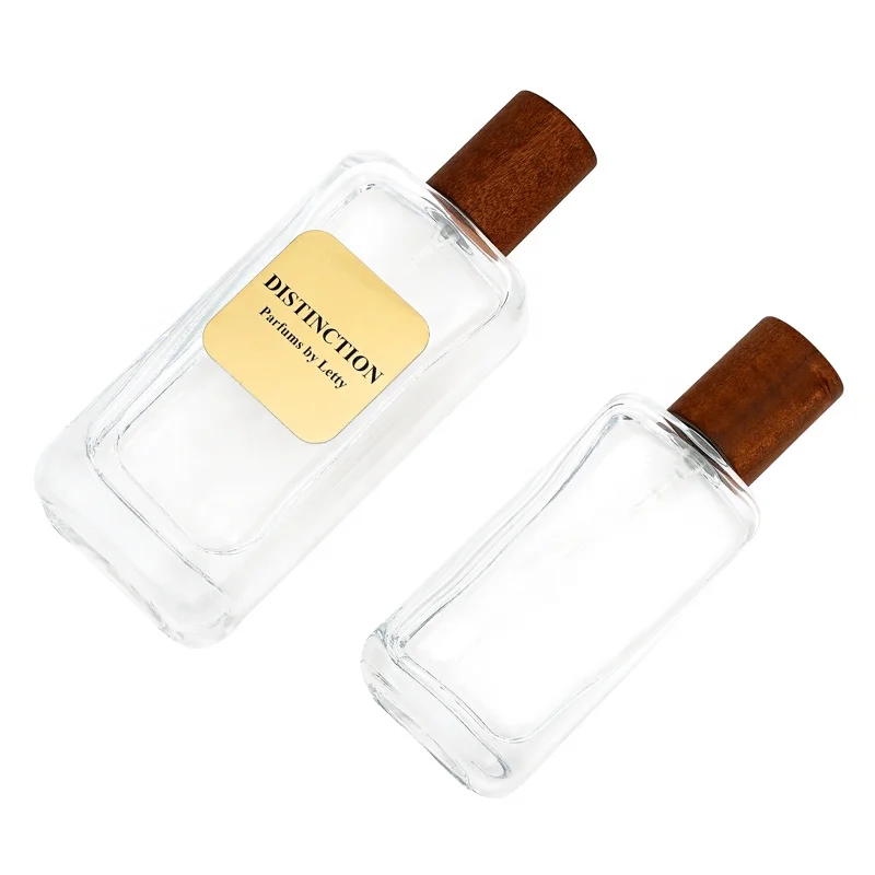 Custom 25ml 50ml 100ml clear glass spray pump perfume bottle with wooden cap