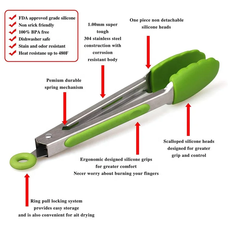 Kitchen Cooking BBQ Salad Grilling Serving Bread Food Metal Utensils Silicone Tong With Custom Logo