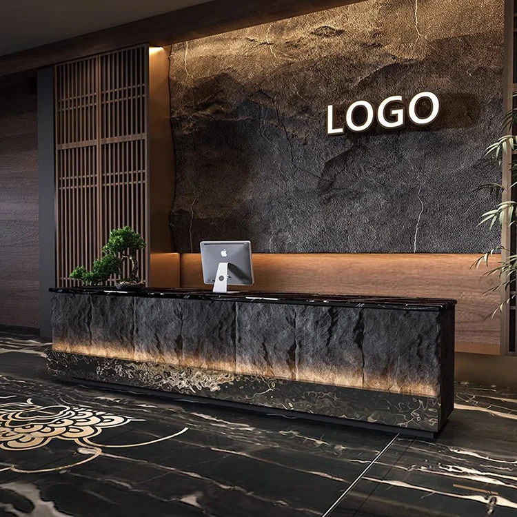 Custom Square Black Marble Granite Reception Front Desk Led Light Reception Desk With Storage