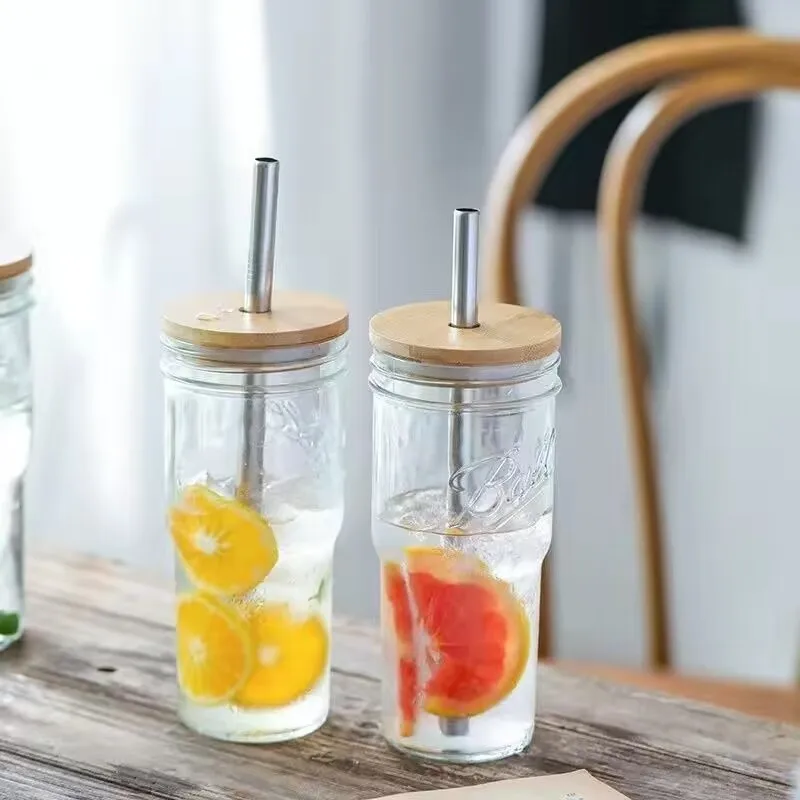 New Arrival 24oz clear frosted glass coffee beer Mug Cup with Bamboo Lids and plastic straw