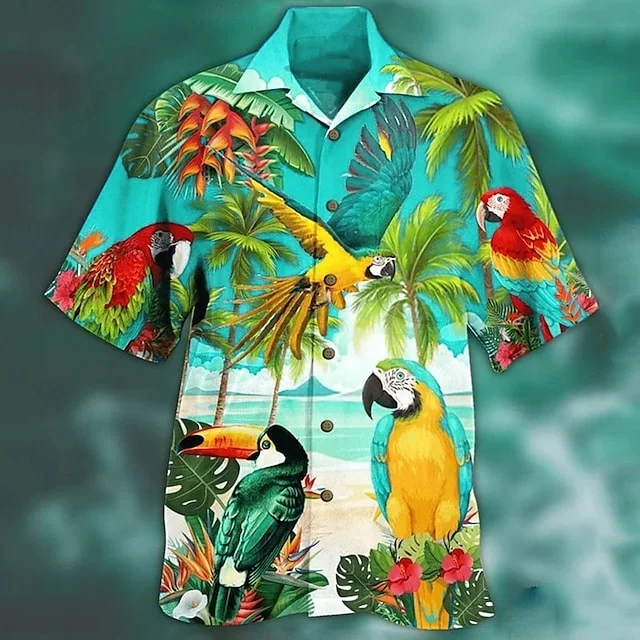 Wholesale Plus Size Hawaiian Shirts Custom Vintage T shirt 3D Printed Animal Parrot Graphic Short Sleeve Button-Down Man Top