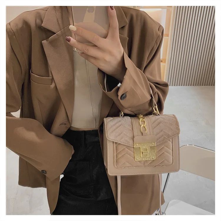 OLAF Fashionable Hand Bags Velvet Hardware Lock Bags Women Handbags Ladies Luxury Handbags Women Chain Shoulder Bag