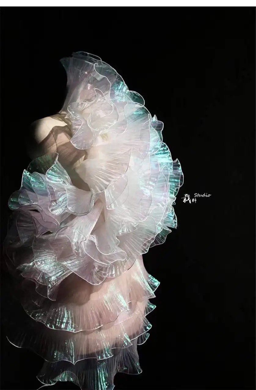 15cm colorful metallic laser 3D designer pleated fabric mermaid dress frock frill dress