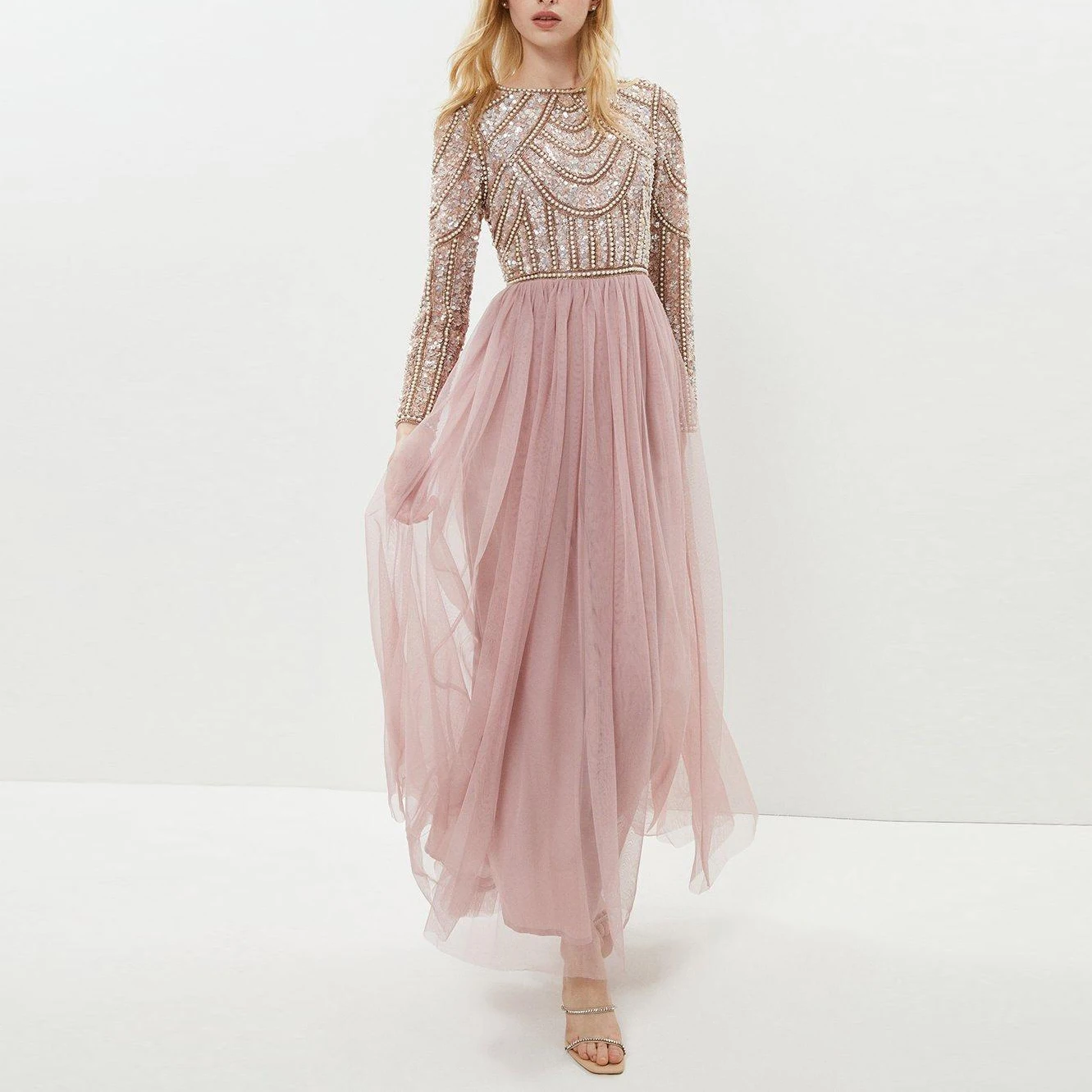 Custom Ladies Dresses Sexy Evening Party Sequin Pearl Embellished Bodice Tulle Skirt Dress