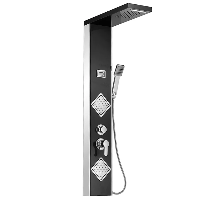 FLG Black Thermostatic Shower Panel Bathroom stainless Steel Rainfall with Waterfall