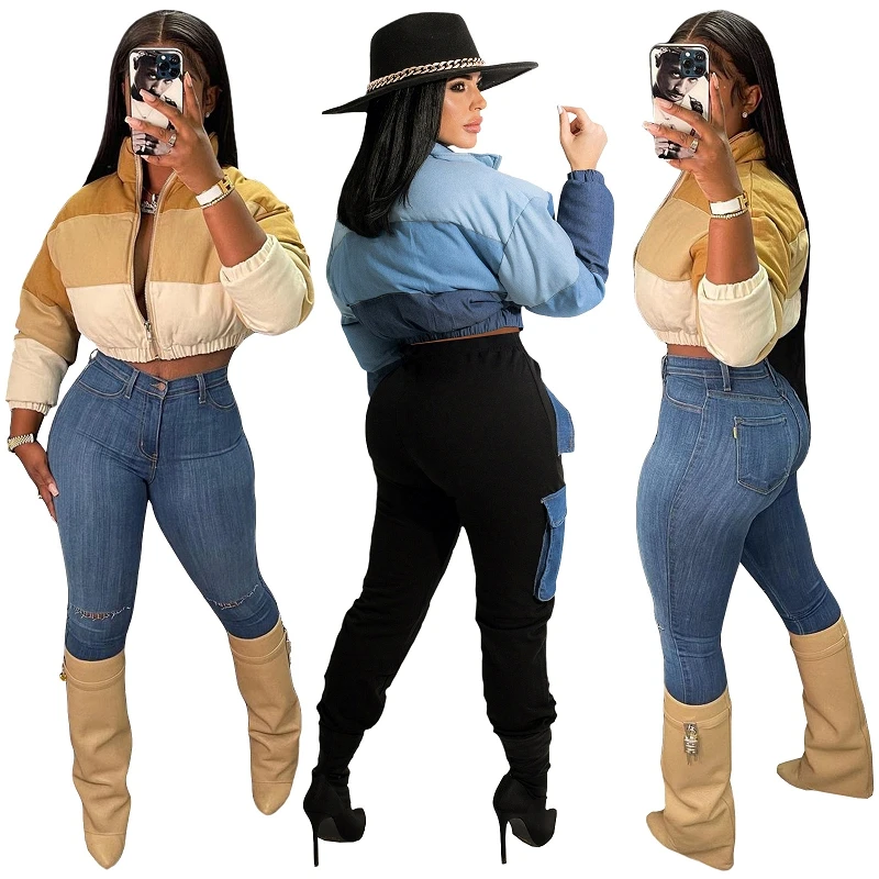 EB-20112304    Winter Wear xs women clothing cotton jackets Denim Patchwork Zipper Short Bread Coat Short Jacket