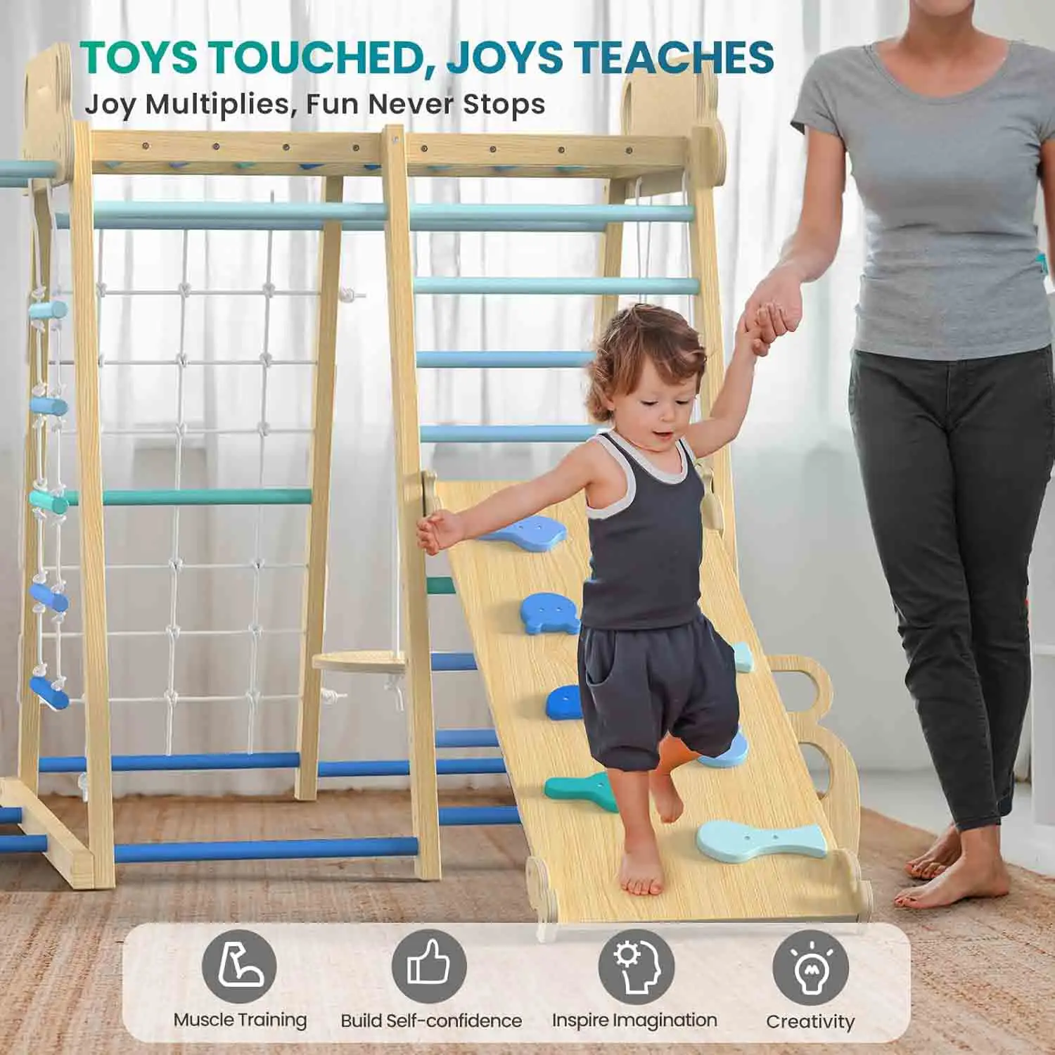 Indoor Playground 9-in-1 Jungle Gym Kids Climbing Toys, Montessori Waldorf Style Wooden Climber