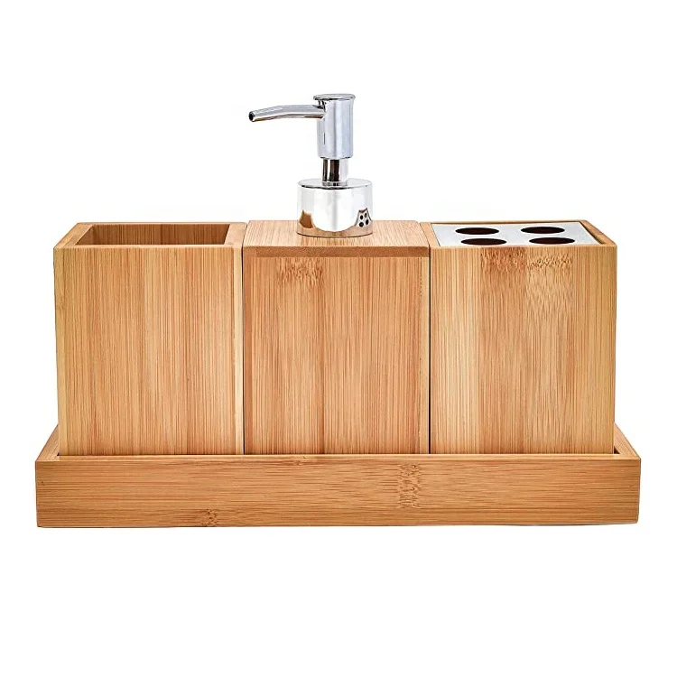 Bathroom Wood Bath Caddy Natural Bamboo Bathroom Set