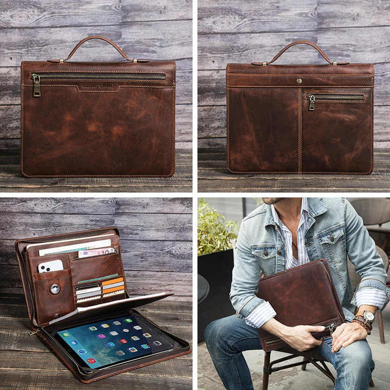 GA177 Real Crazy Horse Hand Computer Sleeve Men Office Tablet bags Phone Genuine Leather Document Business Laptop Bag