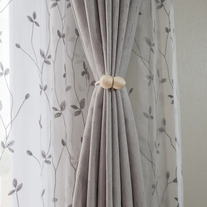 White embroidered window netting Nordic gray curtain solid color foliage curtain simple modern American garden window netting