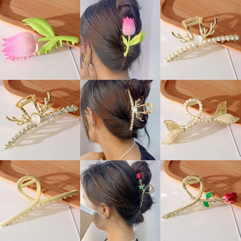 Flower Hairpin Pearl Metal Hair Claw Clips For Women Alloy Back Bun Tulip Flower Hair Clips Headwear