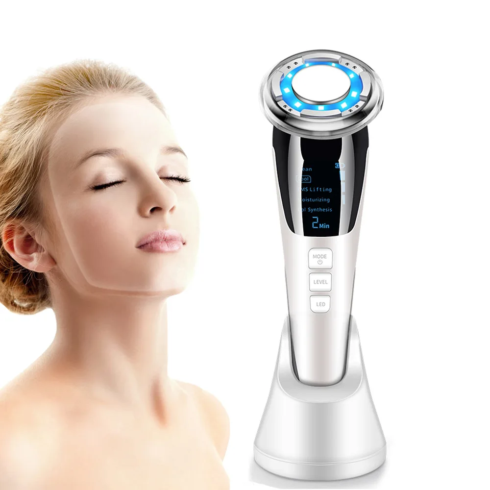 Ionic Hot Cold Facial Massager EMS Vibrating Red Blue Lights Skin Rejuvenation Face Firming Facial Toning Device