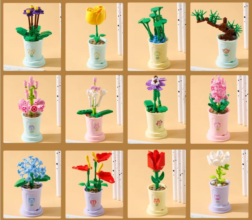 Diy Garden Bouquet Pink Rose Toy Set Box Building Blocks Flowers Acrylic Flower Box