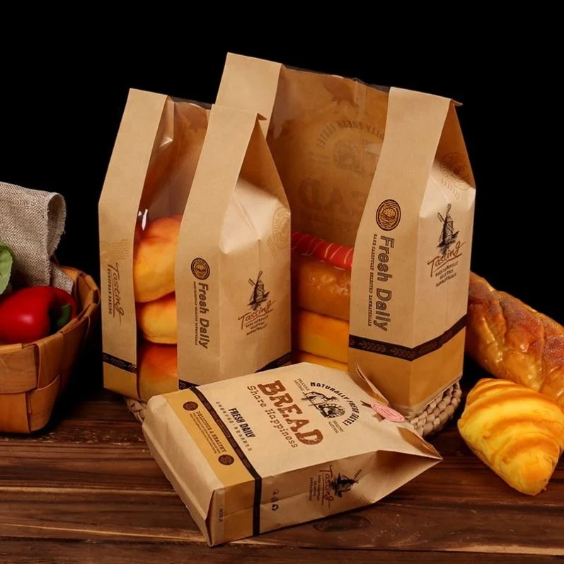 Factory Manufacturer Bakery Food Printed Brown Kraft Bread Packaging Paper Bags With Plastic Window