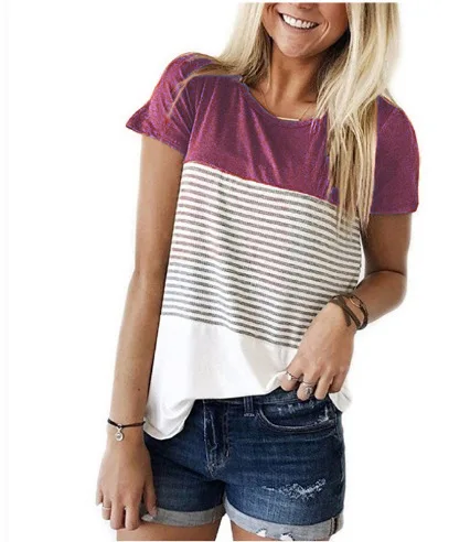 Custom T shirts for Women Ladies Fashion Tops Triple Color Block Stripe T-Shirt