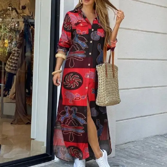 Autumn print fashion casual shirt long skirt dress women