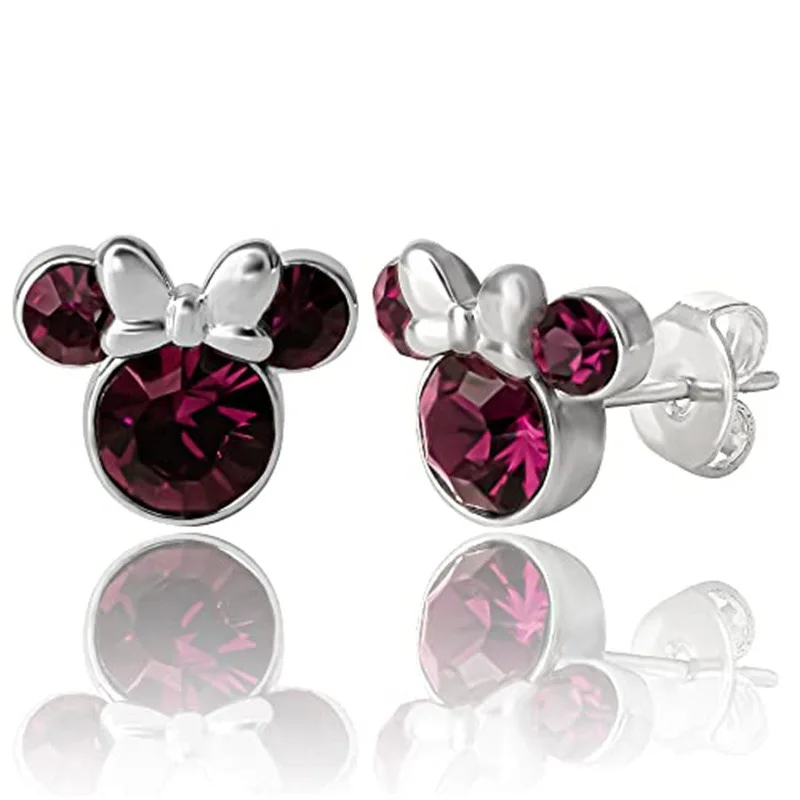 Top Fashion Di.sney Minnie Mouse Stud Earrings Faux Amethyst Birthstone Pendant Silver Plated Women Jewelry
