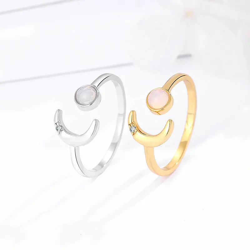 Amiee Jewelry Adjustable Couple Rings Opal Rings 925 Sterling Silver Zircon Moon Ring