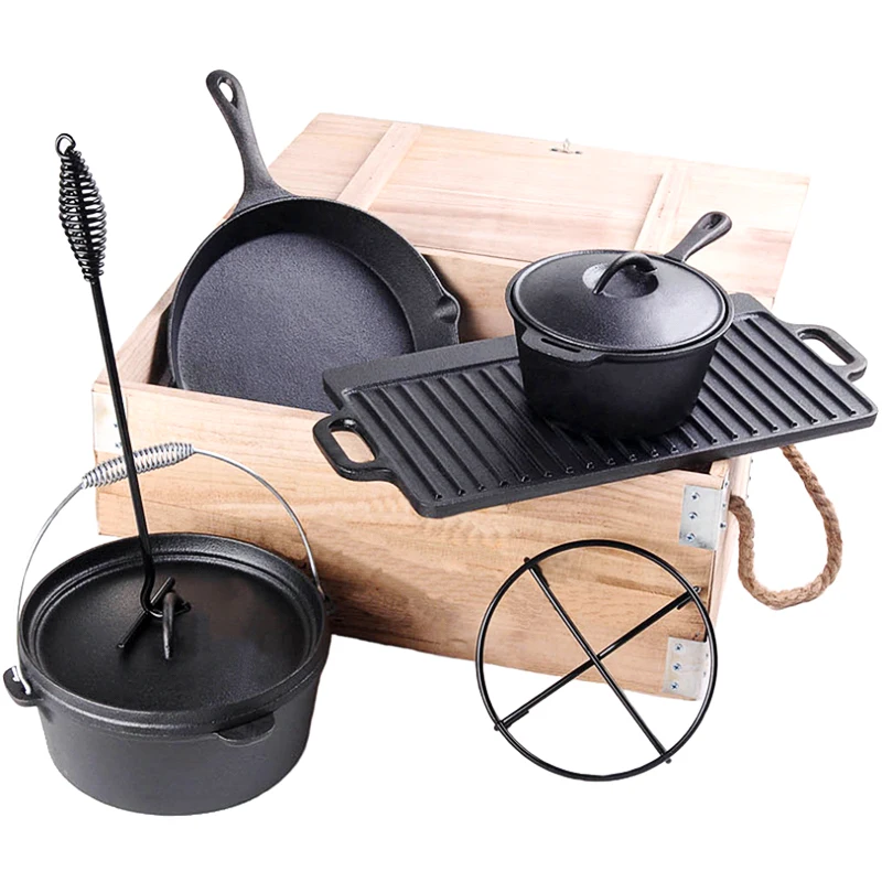 Outdoor Dutch Oven Sets In Woodbox Cast Iron Cooking Pot Set Non-stick Cookware