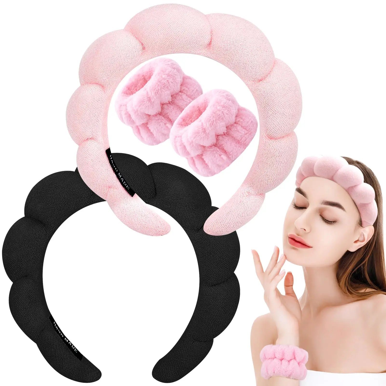 Spa Headband for Washing Face Wristband Set Sponge Makeup Skincare Headband Wrist Towels Hairband for Women Girls