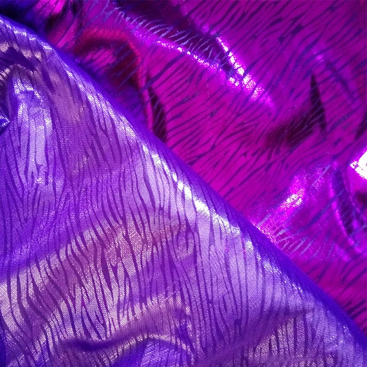 Wholesale Glitter Iridescent Foil Printing Laser Zebra Stripe Foil Coated Satin Jersey Swimming Knitting Polyester Fabric