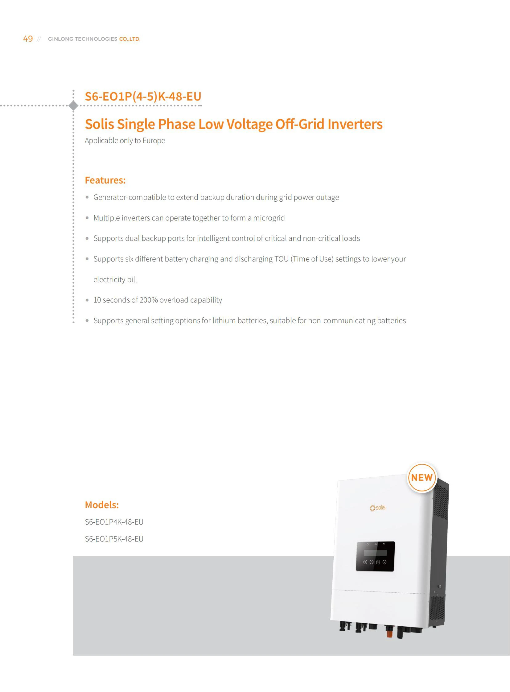 Solis Hybrid Inverter S6-EO1P(4-5)K-48-EU Solar Off-Grid Inverter High Efficiency Product For Solar Systems