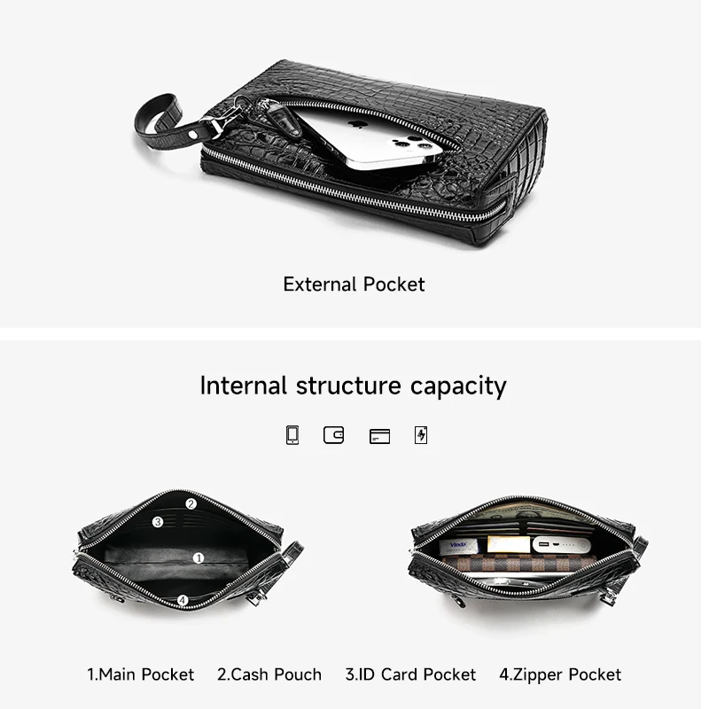 Hot Selling Crocodile Leather Zipper Clutch Bag For Men Customized Casual Luxury Clutch Handbag