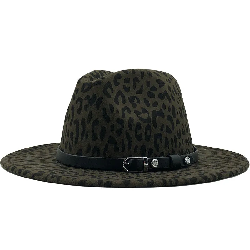 
Fashion Leopard Wool Felt Music Festival Party Cowboy Hats Men Women Fedora Hats with Leather Belt Buckle Wide Brim Panama Hats 