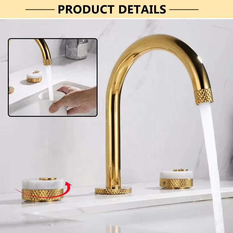 DEEPSS Factory Supply Shine Gold Basin 3 Pieces Separate Lavatory Faucet Brass 2 Handle Hot and Cold Mixer with Flexible Hoses