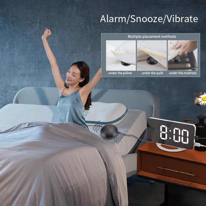 Display time alarm clock with bed shaker waking heavy sleepers led mirror vibration alarm clock