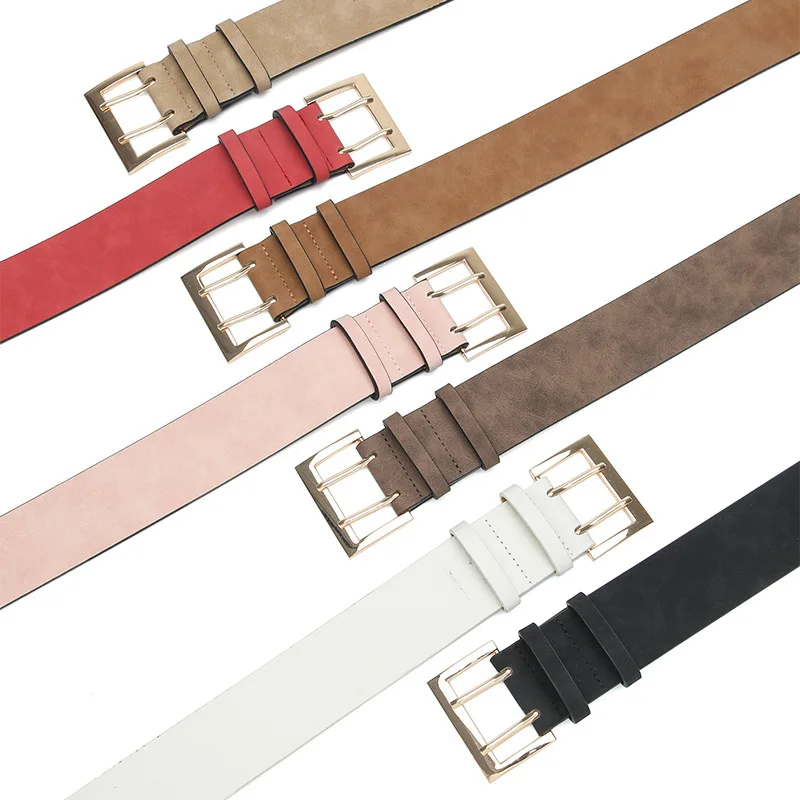 Summer new matte PU texture ladies elegant wide belt double pin buckle solid color belt factory direct sales